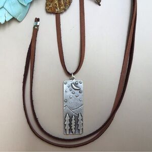 Sundance Charm Necklace leather cord antique silver pendant pine tree moon